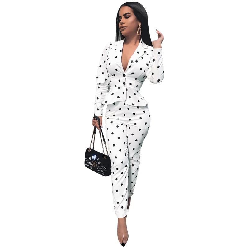 White Women Blazer Suit Polka Dot 2 Piece Set Office Lady Blazer Set Autumn Winter Elegant Slim Outfit Pencil Pants Matching Set - Цвет: Белый