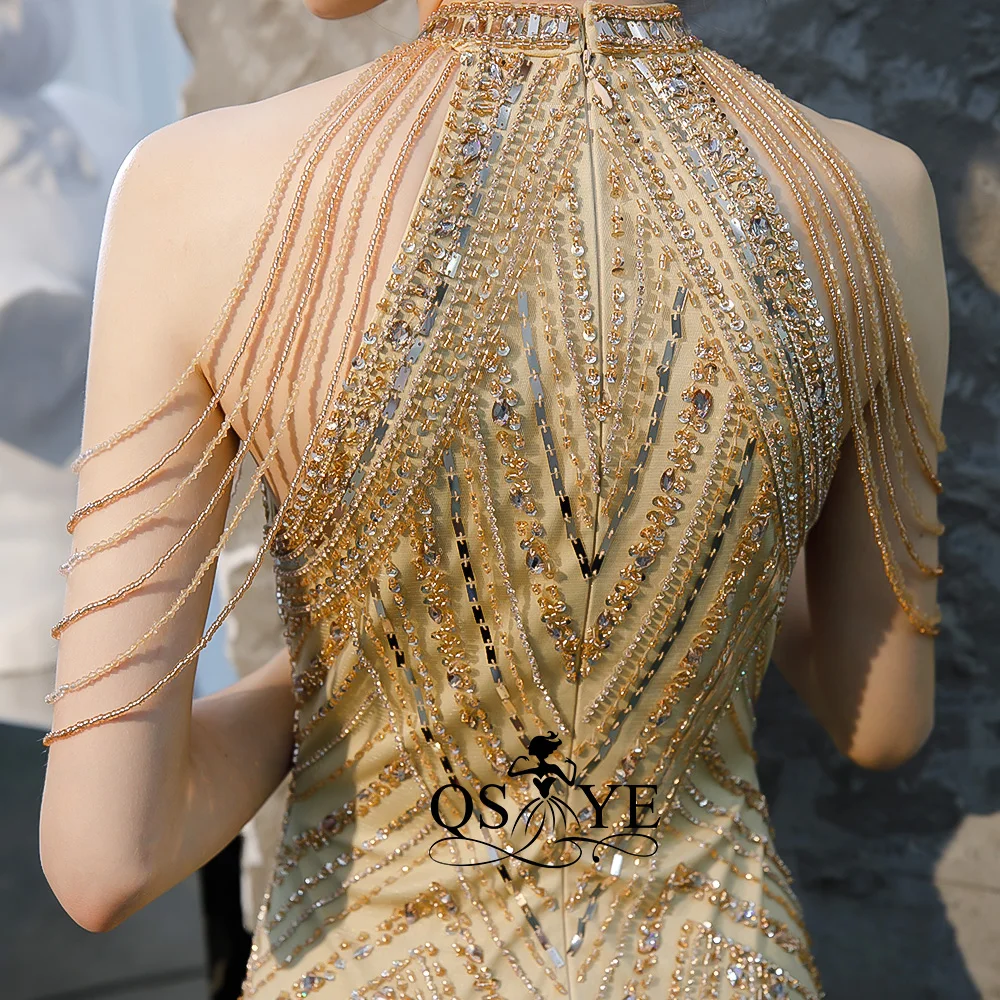 QSYYE2019 ever pretty Long Prom Платья тюль Холтер суд Поезд Труба украшенное бисером с длиной до пола формальное вечернее платье вечерние платья