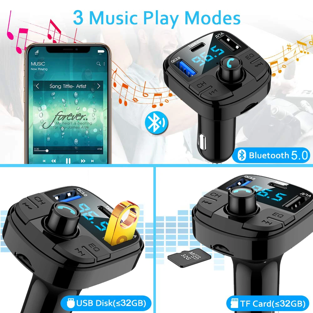 JINSERTA Bluetooth 5,0 Автомобильный Mp3 музыкальный плеер QC3.0 FM трансимтер модулятор двойной USB и type-C зарядное устройство с TF U диск