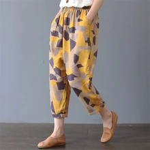 Хлопковые женские штаны-шаровары в традиционном китайском стиле, свободные штаны с цветочным принтом, широкие брюки размера плюс, летние брюки редиски