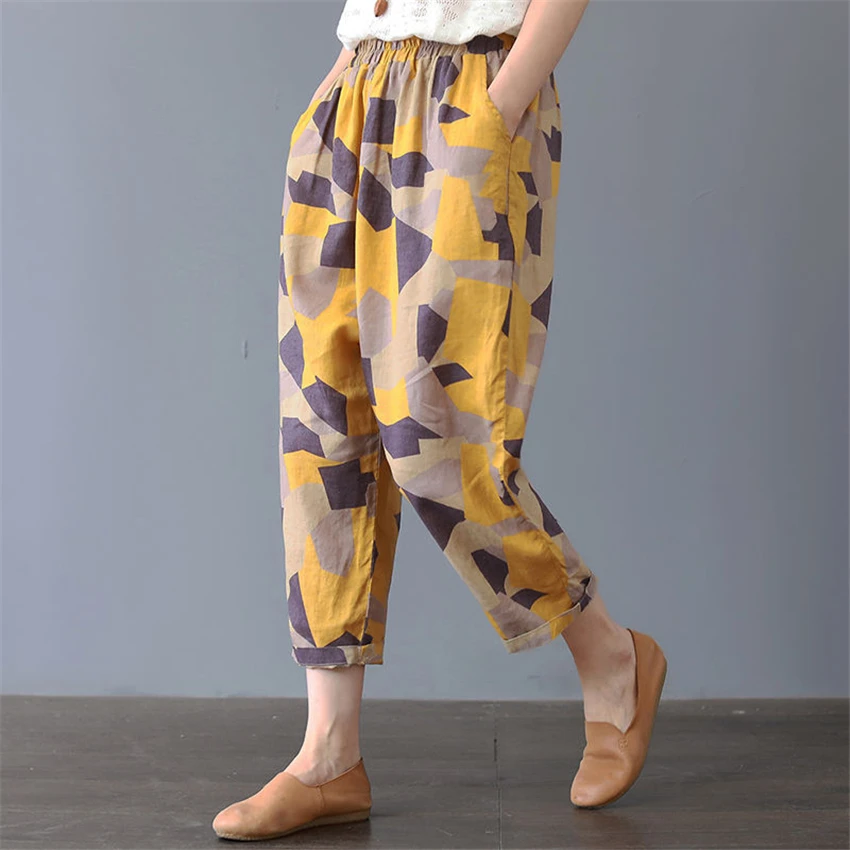 

Cotton Woman Traditional Chinese Style Harem Pants Loose Floral Printed Wide Leg Trousers Plus Size Summer Radish Trousers