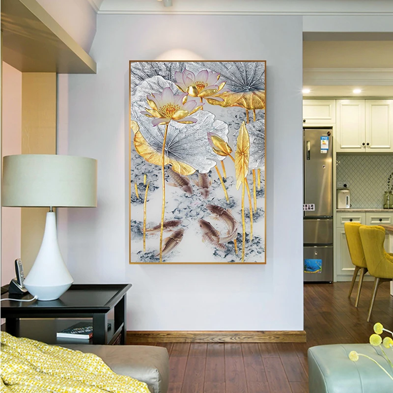 Abstract-Gold-Lotus-Fishes-Canvas-Painting-Modern-Poster-Art-Cuadros-New-Chinese-Style-Decor-Wall-Pictures (2)