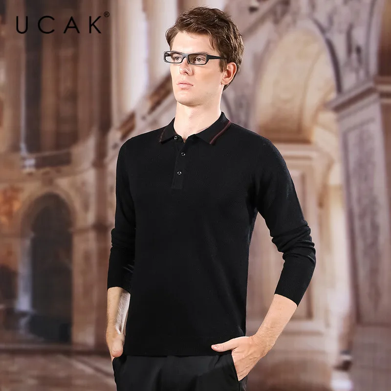 

UCAK Brand Pure Merino Wool Turn-down Collar Solid Sweater Men 2020 New Arrival Casual Spring Autunmn Streetwear Pullover U3163
