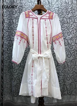 

100%Cotton Dress 2020 Spring Summer Casual Women Vintage National Style Embroidery Long Sleeve Loose White Dark Blue Dress Beach