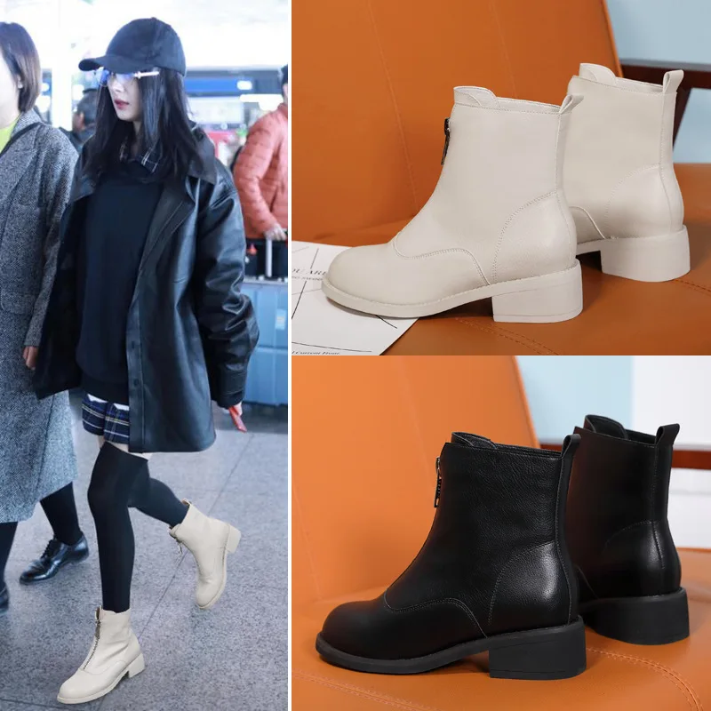 

Front Zipper Chunky-Heel Martin Boots Women's British-Style Leather Boot 2019 Autumn And Winter New Style Boots WOMEN'S Shoes St
