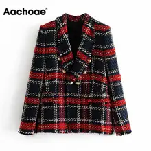 Винтажный женский Красный Клетчатый твидовый пиджак, элегантный двубортный пиджак с кисточками, зимняя офисная верхняя одежда с длинным рукавом, блейзер