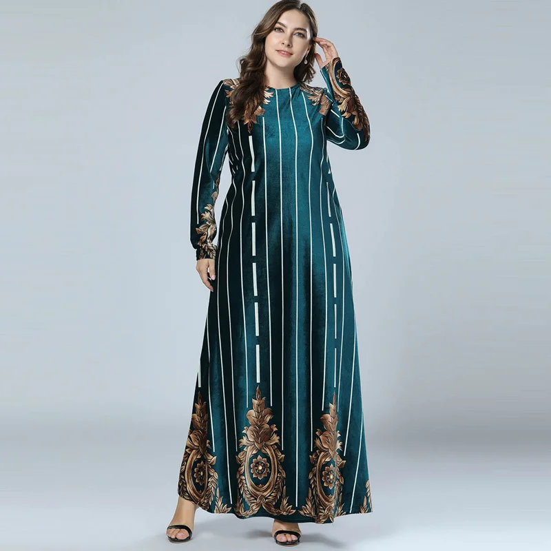 Размера плюс женские зимние Бархатные Макси Платья с цветочным рисунком в полоску с длинным рукавом мусульманское платье для женщин Дубай Абая черное платье