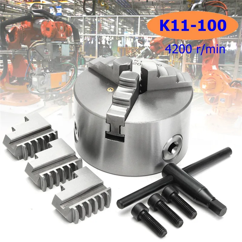 

K11-100 3-Jaw 100mm 4inch 4200 r/min Hardened Steel Lathe Chuck Self-Centering Safety Key Outside Inside Jaws Mounting Bolts