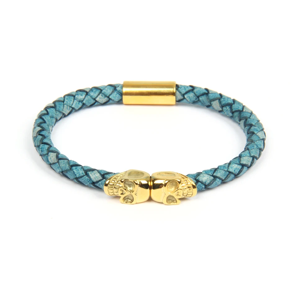 Blue gold skull Ailatu браслет из нержавеющей стали с двойным черепом из натуральной воловьей кожи черный магнит ювелирные изделия роскошный мужской подарок - Окраска металла: Blue gold skull