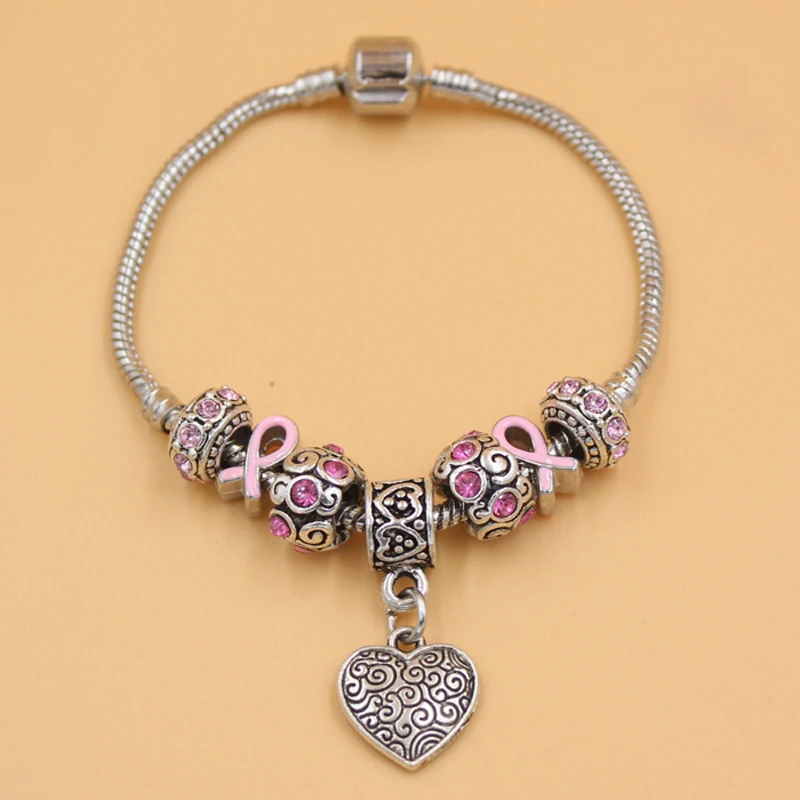 Браслеты из розовой ленты с подвеской в виде сердца 6 шт.|cancer bracelet|pink ribbon cancerbreast