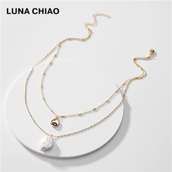 

LUNA CHIAO Double Layers Dainty Chain Necklace Layering Fresh Water Pearl Pendant Necklaces for Women