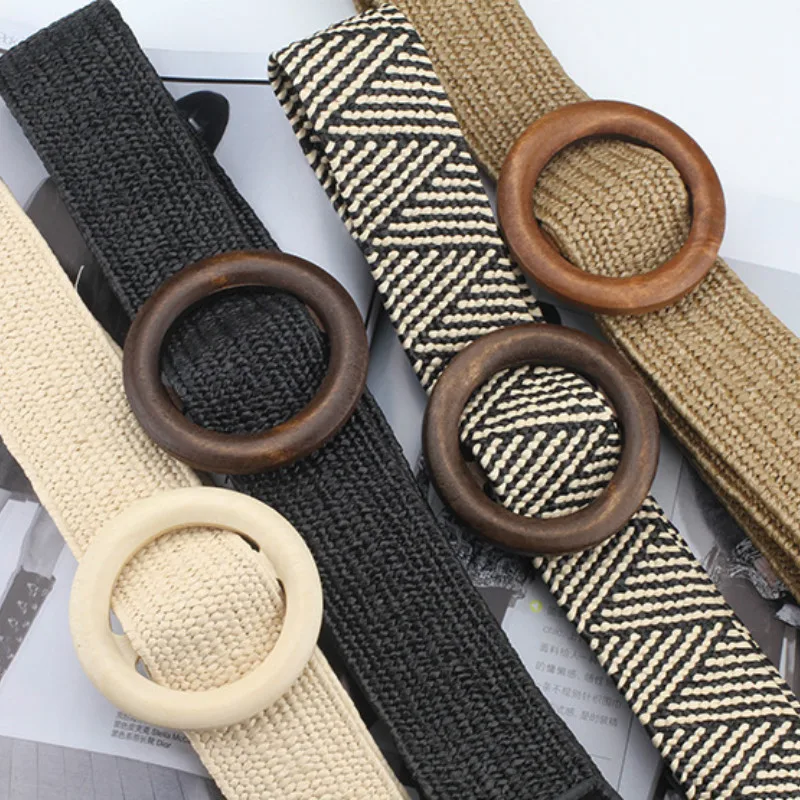

Vintage Boho Braided Waist Belt Summer Solid Female Belt Round Wooden Smooth Buckle Fake Straw Wide Belts For Women Hot Sale