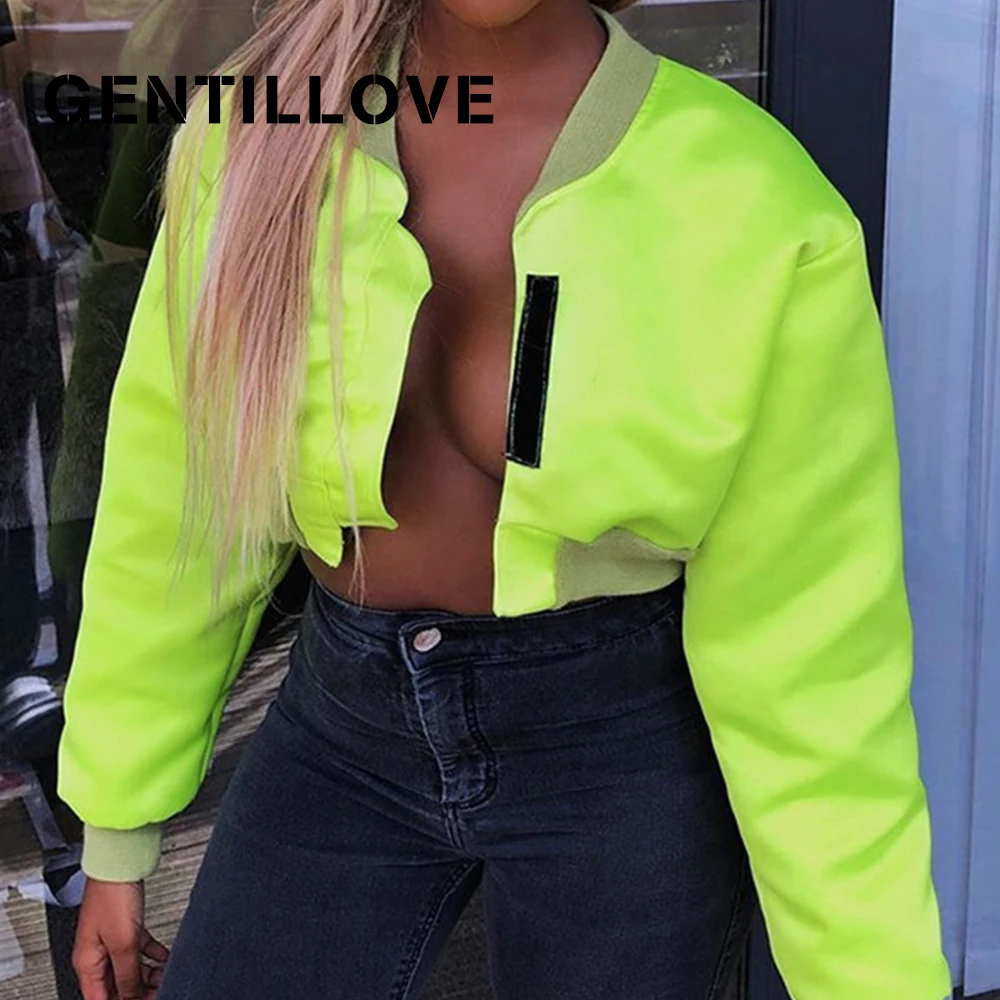 

Gentillove Women Neon Green Jackets Long Sleeve O Neck Short Jackets Casual Autumn Coats 2019 Fashion Streetwear Slim Outwear