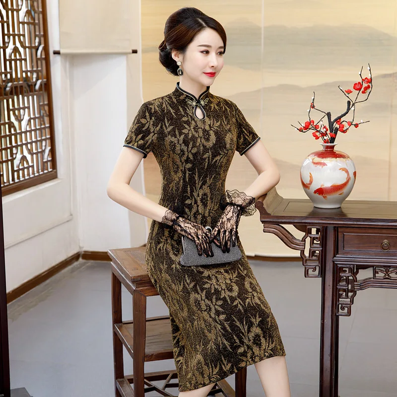 

2019 Spring And Autumn New Style Short Sleeve Velvet Cheongsam Long Chinese Style Vintage Improved Middle-aged WOMEN'S Apparels