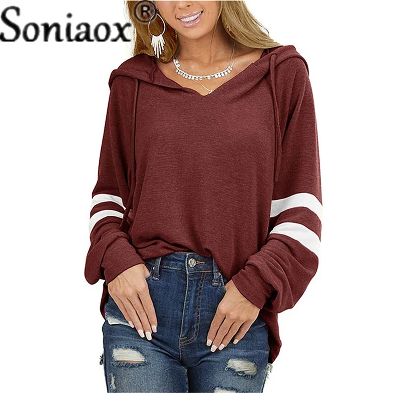 Autumn Winter Women's Long Sleeve Drawstring Sweatshirt Tops 2021 V-Neck Casual Solid Loose Tracksuit Splicing Oversize Hoodies 2021 new casual two piece sets outfits pullovers hoodies and elastic waist jogger pants spring autumn tracksuit women suit femal