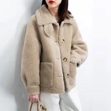 Шерстяное пальто из искусственного меха короткое пальто из овечьей шерсти цельное осенне-зимнее женское повседневное пальто из искусственной овечьей шерсти