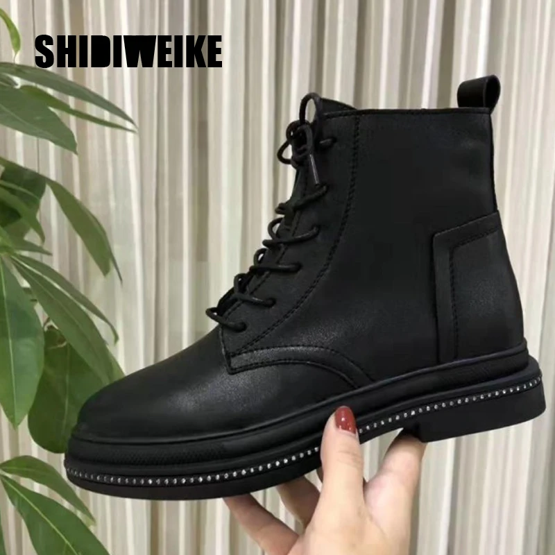 

2019 New Ankle boots Women Genuine Leather British style flat Platform Shoes Autumn winter Fashion Lace-Up Ladies Booties J676