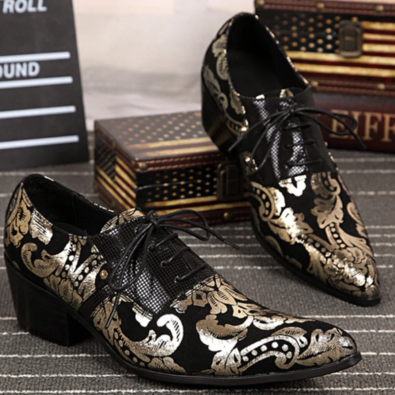 

Christia Bella Classic Heighten Men's Prom Oxfords Shoes Golden Printing Real Leather Male Party Berby Shoes Man Lace Up Shoes