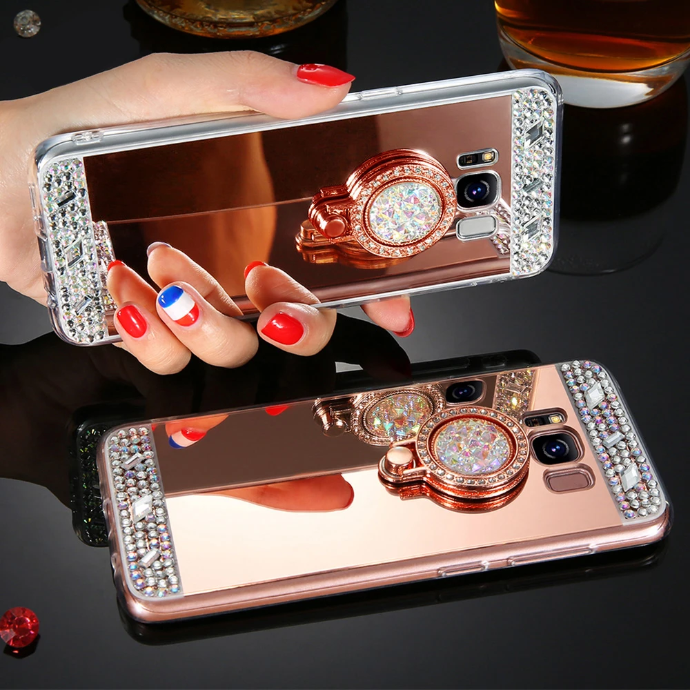 Алмазный зеркальный чехол с кольцом для Samsung S20 Ultra S10 E S8 S7 Edge S6 блестящий телефона