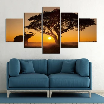 

5 Panel Sunset Elephant Tree Landscape Pictures Painting On Canvas Wall Art Posters And Prints For Living Room Home Decor