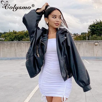 

Colysmo Black Shirts Women Zipper Turn Down Collar Loose Long Sleeve Top Fashion Leather Blouses Fall Vintage Casual Clothes