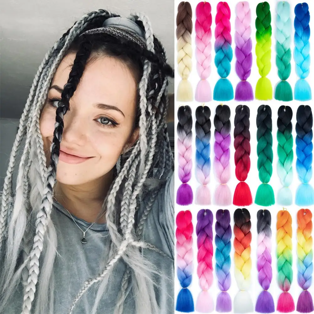 

DAIRESS Synthetic Hair Braids Kanekalon Ombre Braiding Hair Extension Box Braids Hair Pink Purple Yellow Golden Crochet Braids