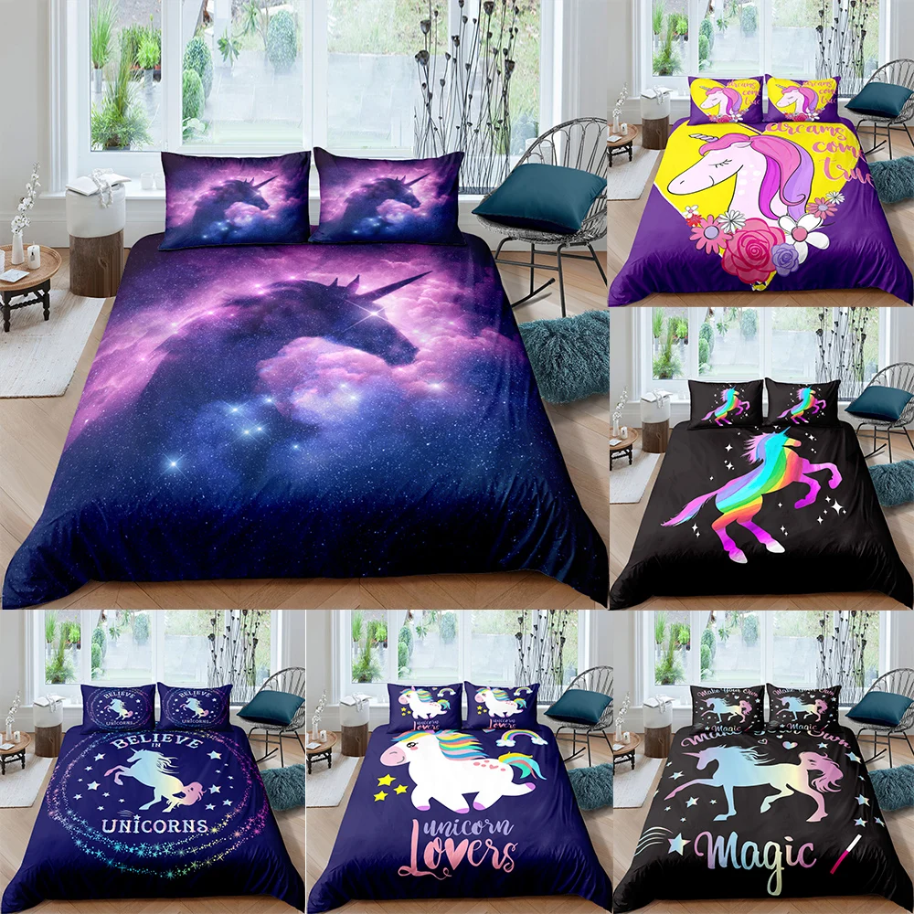 

3D Printed Cartoon Unicorn Bedding Set Queen Size Children Duvet Cover Comforter Bed Cover Set Soft Quilt set and Pillowcases