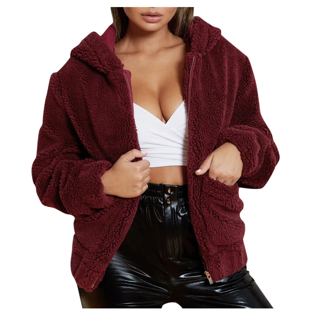 Элегантное женское пальто из искусственного меха, зимняя теплая мягкая меховая куртка на молнии с капюшоном, женское плюшевое пальто с карманами, повседневная плюшевая верхняя одежда 910