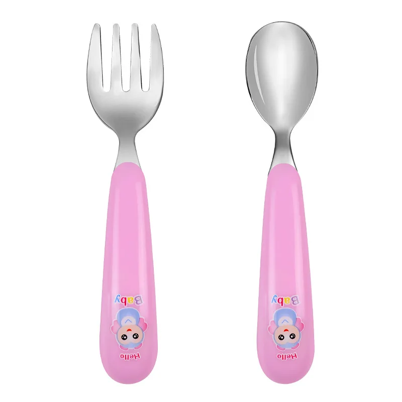 New Lovely Bear Print Baby Flatware Spoon Children Stainless Steel Fork Spoon Set Baby Eating Soup Spoon Tableware Spoon Fork