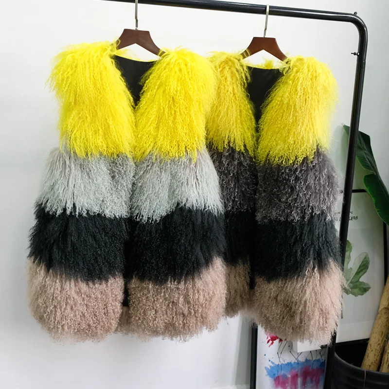 

rf2008 Contrast Color Natural Fur Waistcoat Colorful Real Mongolian Sheep Fur Vest for Woman