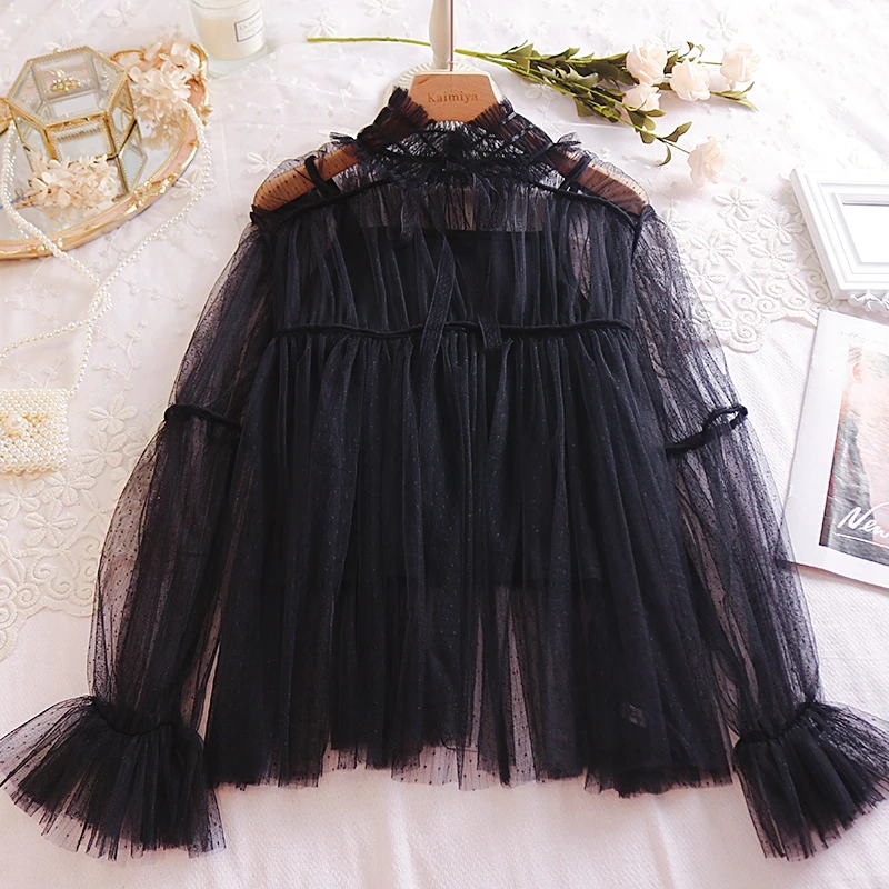 Black Sweet Autumn Princess Style Standing collar Ruffle Long Sleeve Cute Bowknot Lace Women Tops Blouse Teen Girls Clothing Mori Girl - Цвет: Black