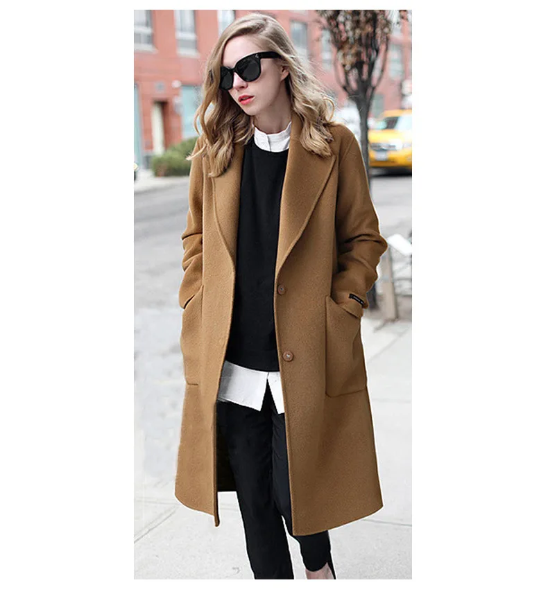Зимнее черное Женское пальто с широкими нагрудными карманами, шерстяная ткань и полиэстер, Полушерстяное пальто, большие размеры, длинные пальто, верхняя одежда