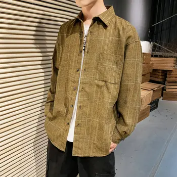 

Men Spring And Autumn Fashion Brand Japan Style Plaid Long Sleeve Shirt Male Casual Loose Plus Size Simple Shirt