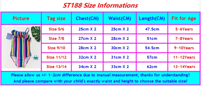 ST188 girls swimwear size chart