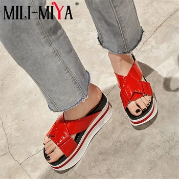 

MILI-MIYA Fashion Women Platform Flat Sandals Patent Leather Slip-On Round Toe Solid Color Dress Summer Shoes For Ladies