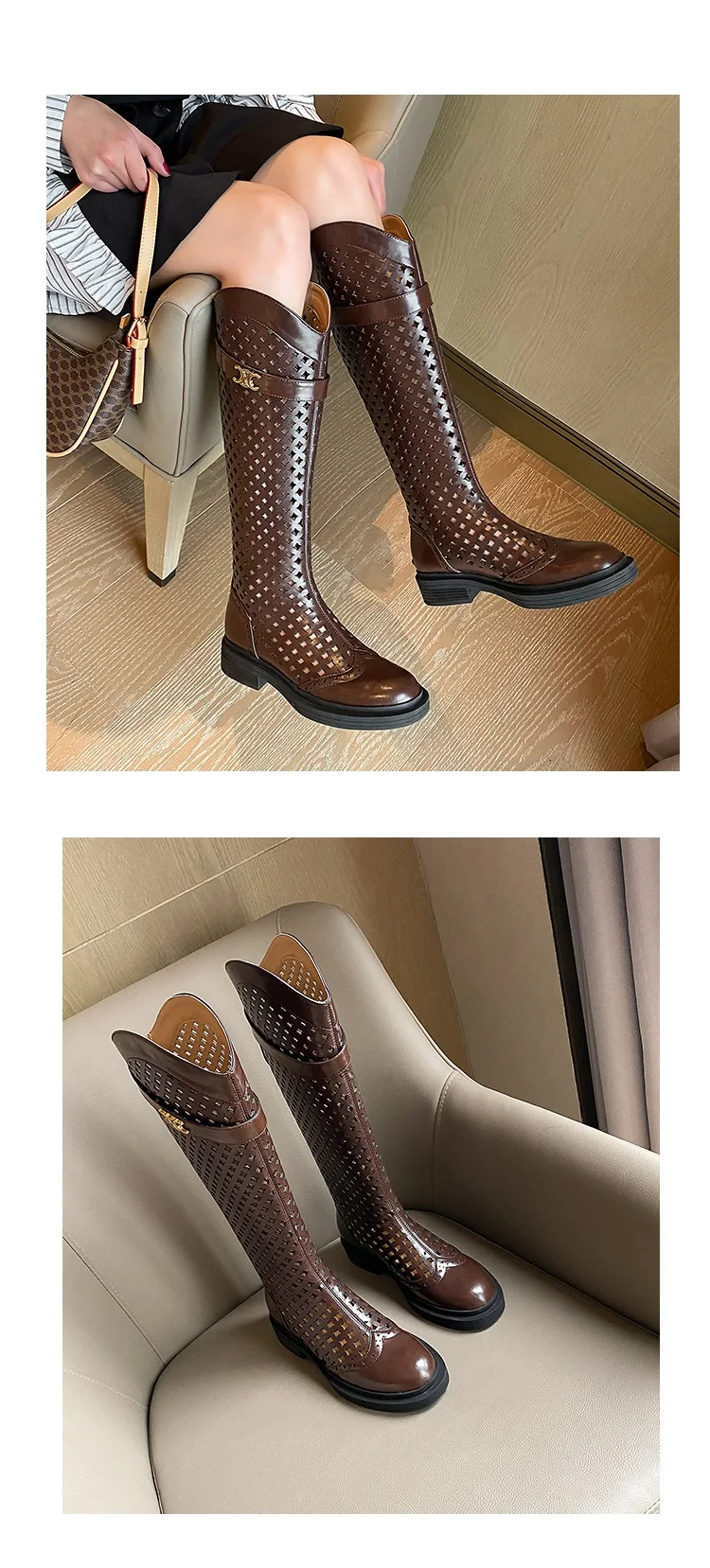 オンラインストア買 厚手のカットアウトバックル付きの女性用ロングヒールブーツ 細いストラップと長いモダンなレザーシューズ 夏のシーズン ヨーロッパとアメリカのスタイル 驚き価格 Sekkomon Jp