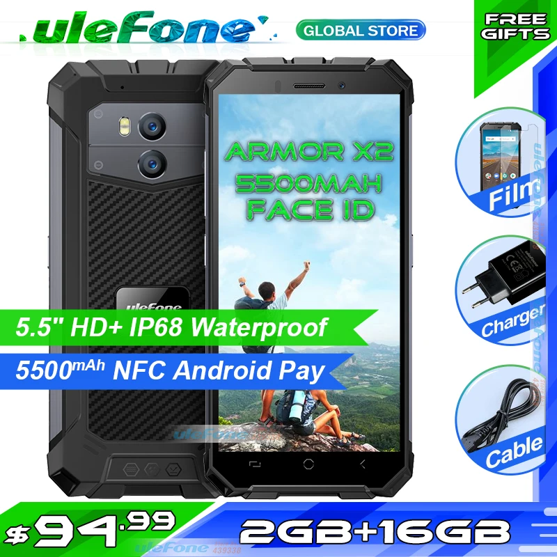 

Ulefone Armor X2 IP68 Waterproof Smartphone 5.5" HD + 18:9 Quad Core Android 8.1 2GB+16GB 13MP NFC 5500mAh 3G Mobile Phone