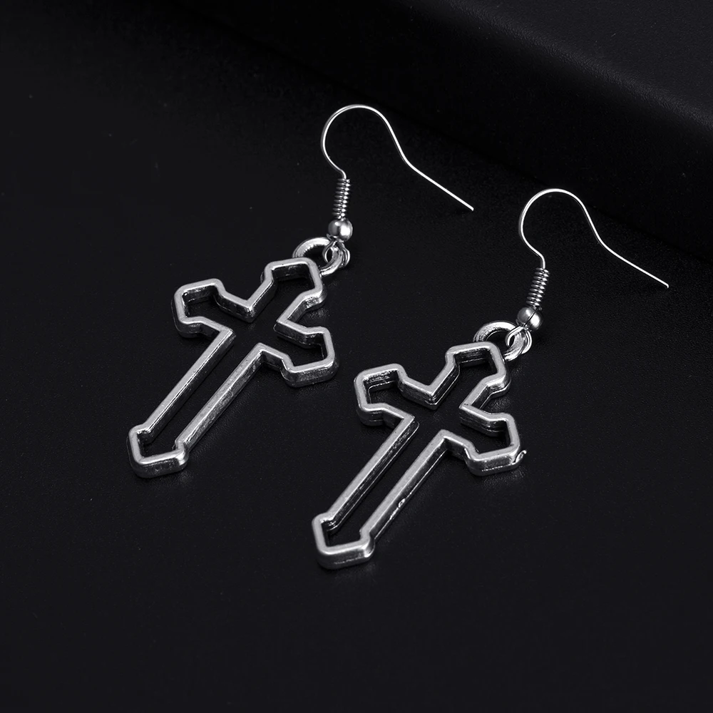 Trendy Vintage Cross Shape Dangle Antique Silver Plated Earrings for Women Girl Retro Drop Earrings Cute Earring Jewelry Bijoux