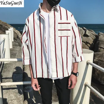 

YASUGUOJI New 2020 Spring Fashion Striped Patcwork Loose Three Quarter Sleeve Shirt Men Hip Pop Men's Plus Size Shirts Camisa