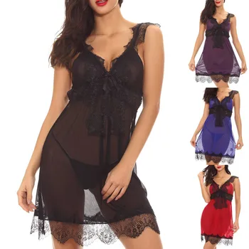 

Sexy Cute Nightgown Silk Lace Night Dress Nightdress + Panties Lace Sleepwear Set Sleep Wear Women Sexy Nightwear Nightgown