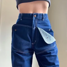 

Street Fashion Contrast Colors Open-line High Waist Straight Pants Women Unique Pocket Design Patchwork Jeans Indie Denim Pants