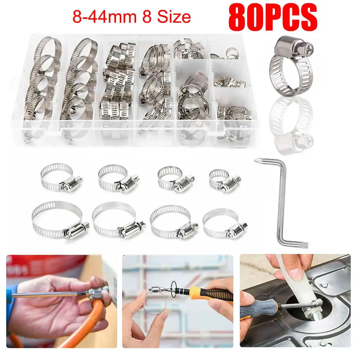 

8mm-38mm Multi Size Stainless Steel Hoop Clamp Hose Clamp Stainless Steel Set automotive Pipes Clip Fixed Tool 80 PCS/Box
