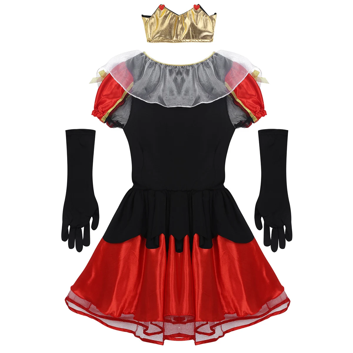 Женский костюм для взрослых королевской королевы из 3 предметов, костюм для Хэллоуин, короткий Пышный рукав, три блестящих сердца, вечерние платья с короной и перчатки
