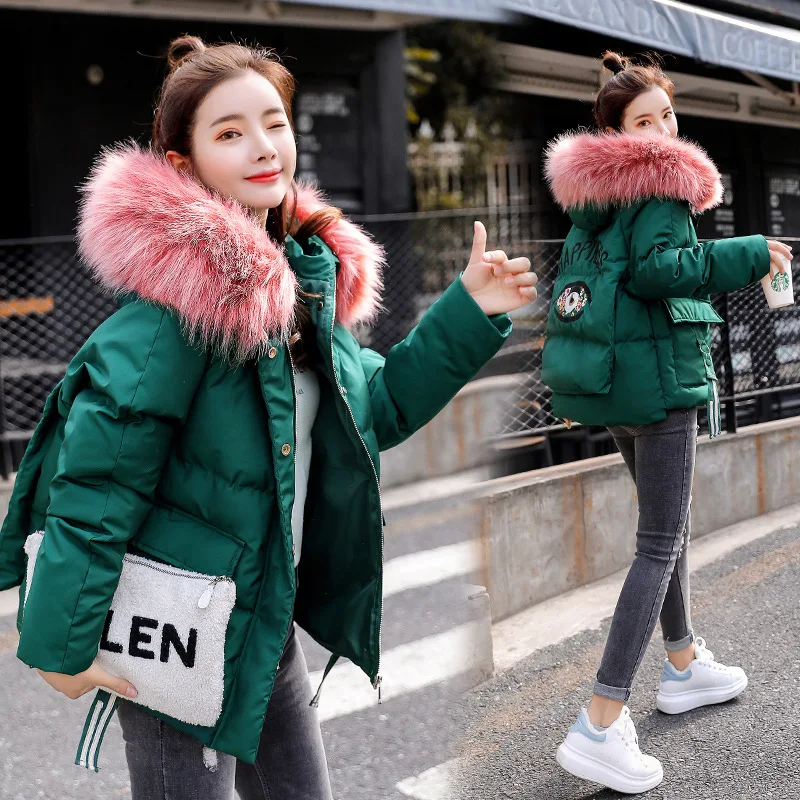 

Short Loose-Fit Versatile Comfortable Long Sleeve 2019 Winter New Style Solid Color Hooded Cotton-padded Clothes with Model Fur