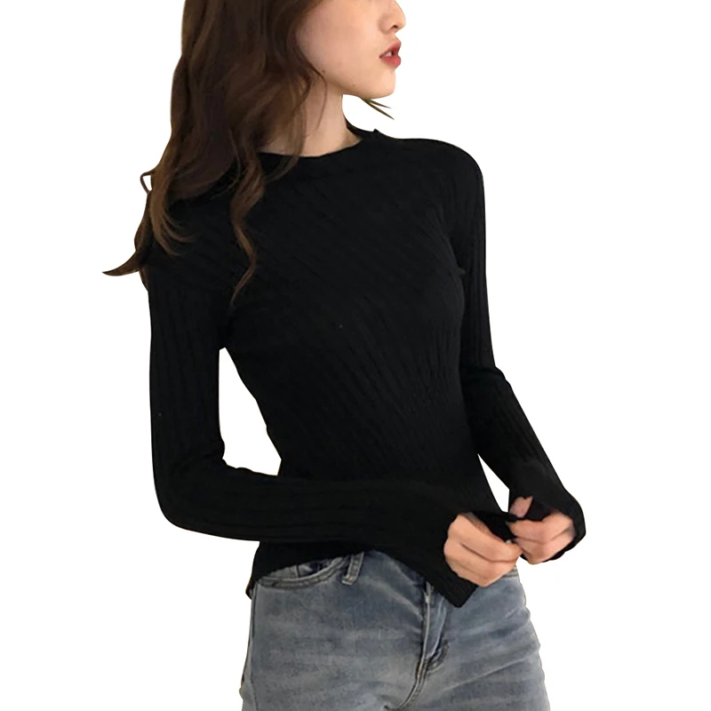 

Casual Sweater Bobora Korean New Top Long-Sleeved Slim Pullover Fit Solid Color Simple Fashion Knitted Bottoming Vetements Femme