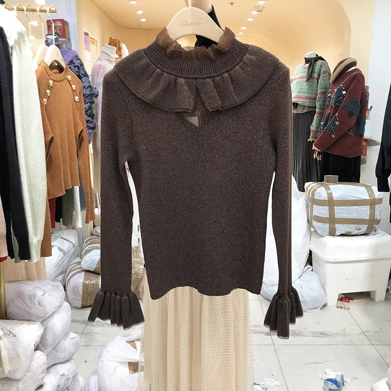 Осенне-зимний женский свитер, корейский стиль, темперамент, шнуровка, круглый вырез, рукав-колокол, пуловер-Стиль, сплошной цвет, женские свитера