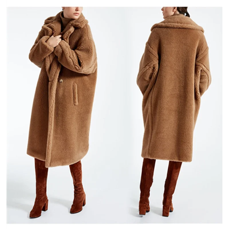 Зимнее женское пальто из овечьей шерсти, свободное теплое длинное меховое пальто, плюшевый мишка, Женское пальто из искусственного меха