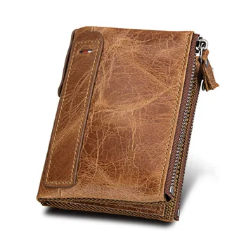 

genuine leather RFID vintage wallet men with coin pocket short wallets small zipper walet with card holders man purse