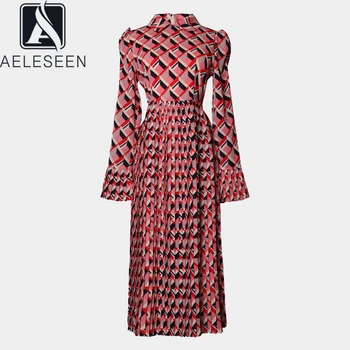 

AELESEEN 2020 Spring Fashion Runway Vintage Dress Women's Flare Sleeve Multicolor Print Holiday Party Long Pleated Dress
