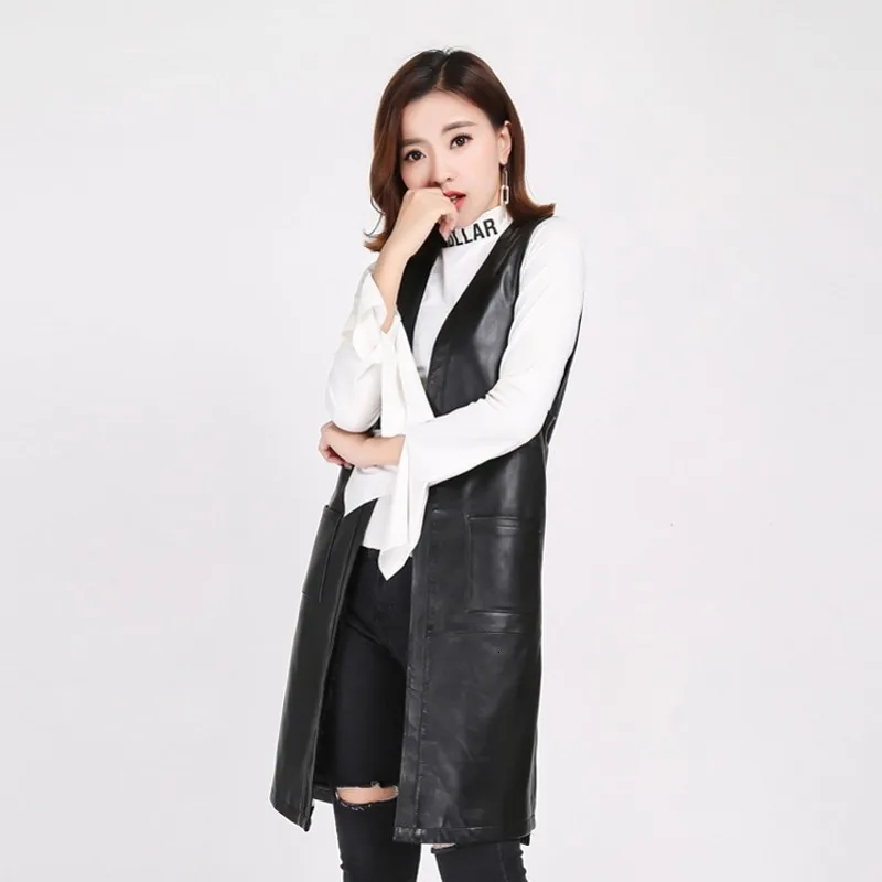 

2020 Spring Sheep Leather Vest Real Leather Solid Black Pockerts Overcoats Sheepskin Natural Long Jackets Sleeveless Outwear